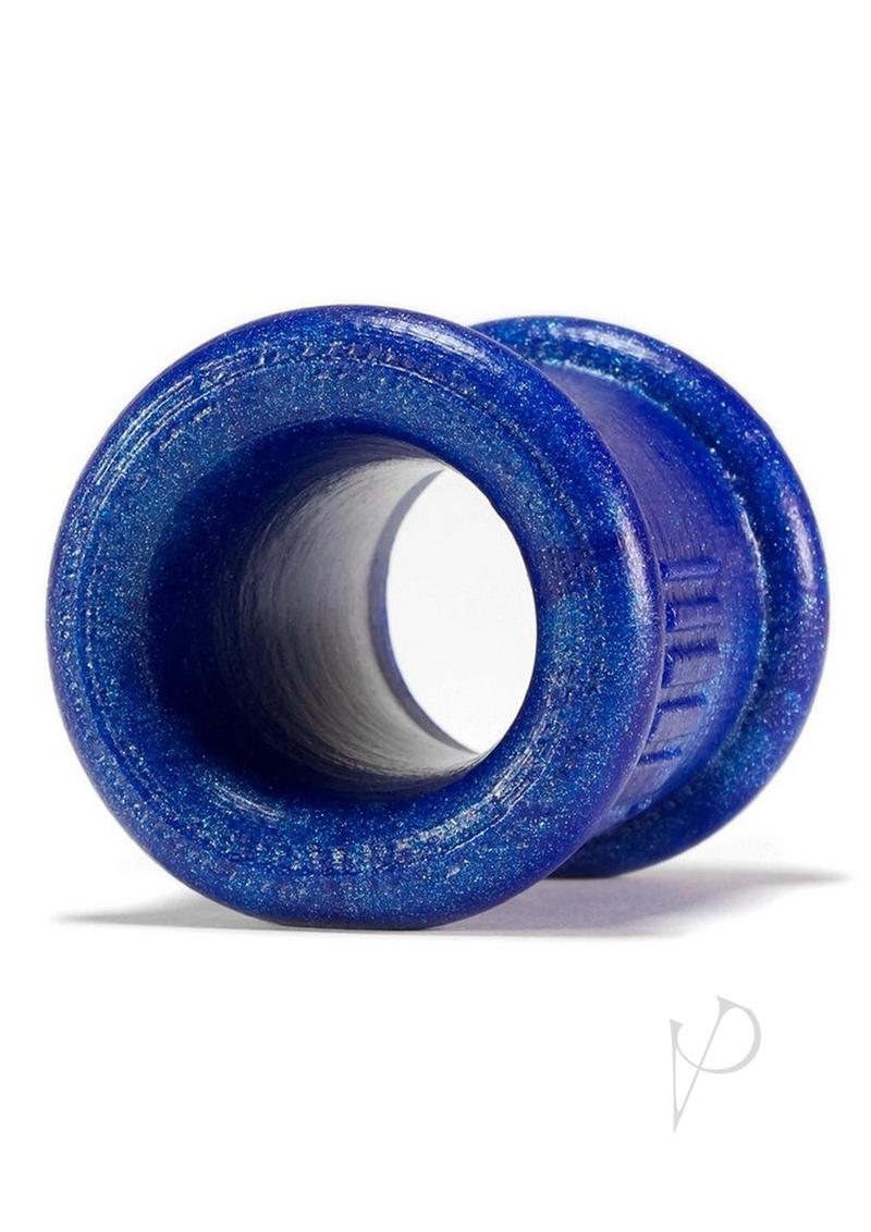 Oxballs Neo Tall Silicone Ball Stretcher Large Blue modeled in shiny blue silicone material.