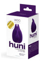 VeDO Huni Silicone Vibrator Deep Purple packaging with details on 10 vibration modes and sleek design.
