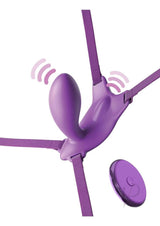 Fantasy For Her Ultimate G-Spot Butterfly Strap-On Purple with adjustable straps and remote for pleasure.