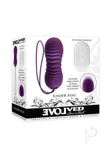 Eager Egg Silicone Vibrating Egg Remote Control Purple with remote, featuring 7 speeds and intense thrusting action.