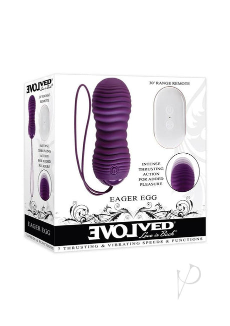 Eager Egg Silicone Vibrating Egg Remote Control Purple with remote, featuring 7 speeds and intense thrusting action.
