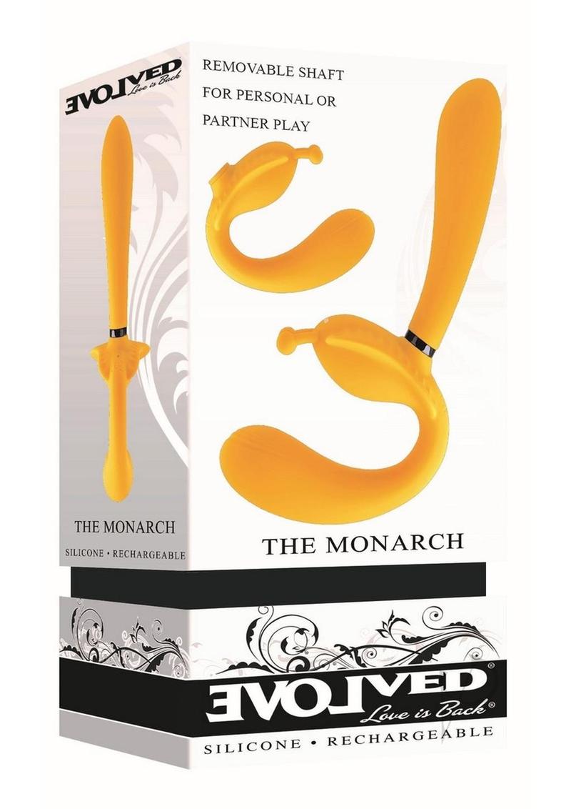 Monarch Silicone Triple Strapless Strap-On Yellow packaging showcasing removable shafts for personal or partner play.