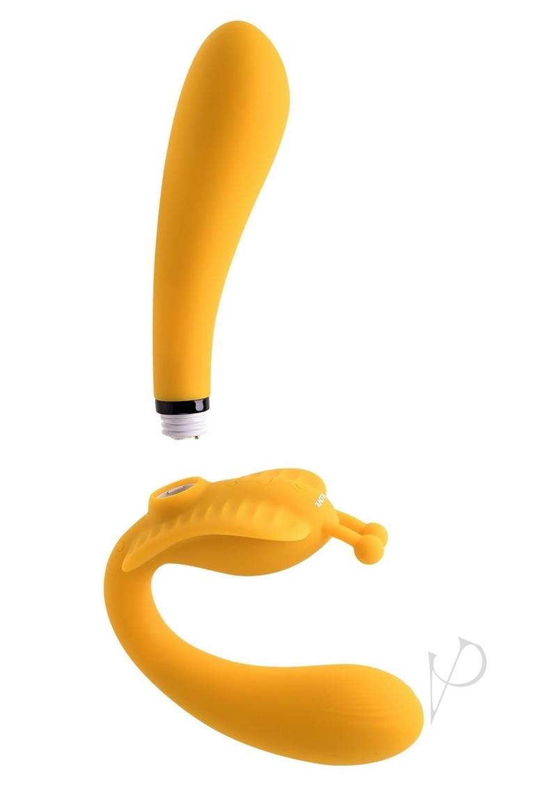 Monarch Silicone Triple Strapless Strap-On Yellow, curved silicone design for versatile pleasure and stimulation.
