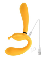 Monarch Silicone Triple Strapless Strap-On Yellow product with curved wearable shaft and butterfly stimulator.