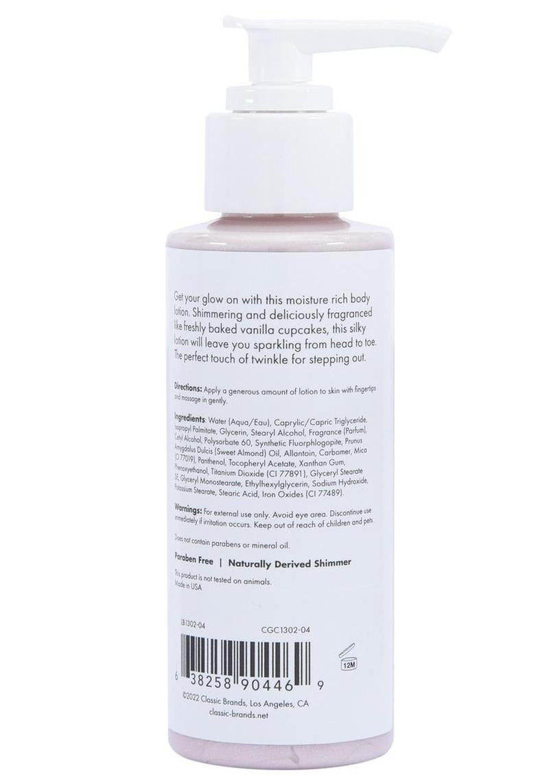 CG Glow Vanilla Cupcake Fragranced Shimmer Lotion 4 Oz bottle with pump and ingredient details.