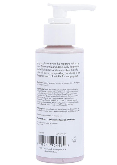 CG Glow Vanilla Cupcake Fragranced Shimmer Lotion 4 Oz bottle with pump and ingredient details.