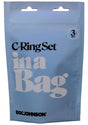 In A Bag Silicone Cock Ring Set 3 Piece Black packaging showing C-Ring Set by Doc Johnson in a blue bag.