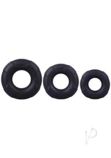In A Bag Silicone Cock Ring Set 3 Piece Black, three stretchy silicone rings in black for enhanced size and firmness.