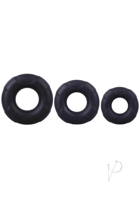 In A Bag Silicone Cock Ring Set 3 Piece Black, three stretchy silicone rings in black for enhanced size and firmness.