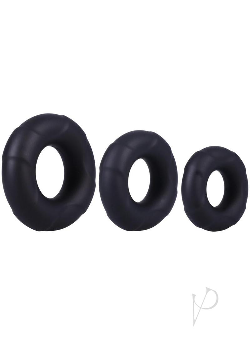 In A Bag Silicone Cock Ring Set 3 Piece Black featuring three stretchy silicone rings for enhanced firmness and confidence.