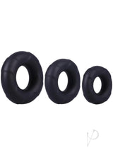 In A Bag Silicone Cock Ring Set 3 Piece Black featuring three stretchy silicone rings for enhanced firmness and confidence.