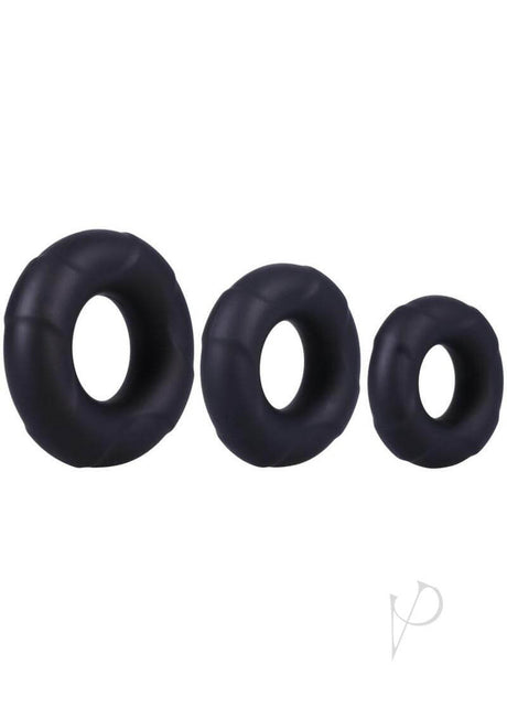 In A Bag Silicone Cock Ring Set 3 Piece Black featuring three stretchy silicone rings for enhanced firmness and confidence.