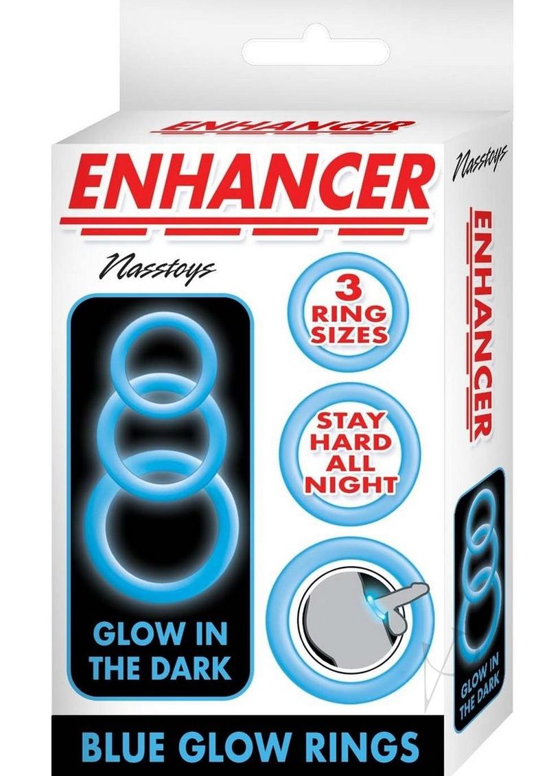 Enhancer Glow Rings Silicone Cockring Blue packaging featuring three glow-in-the-dark rings in graduated sizes.