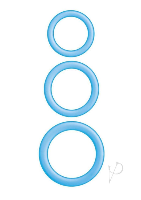 Enhancer Glow Rings Silicone Cockring Blue, a set of three durable, stretchy silicone rings in graduated sizes.