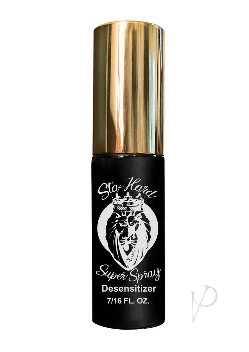Sta-Hard Super Spray Male Desensitizer bottle with gold cap and lion logo.
