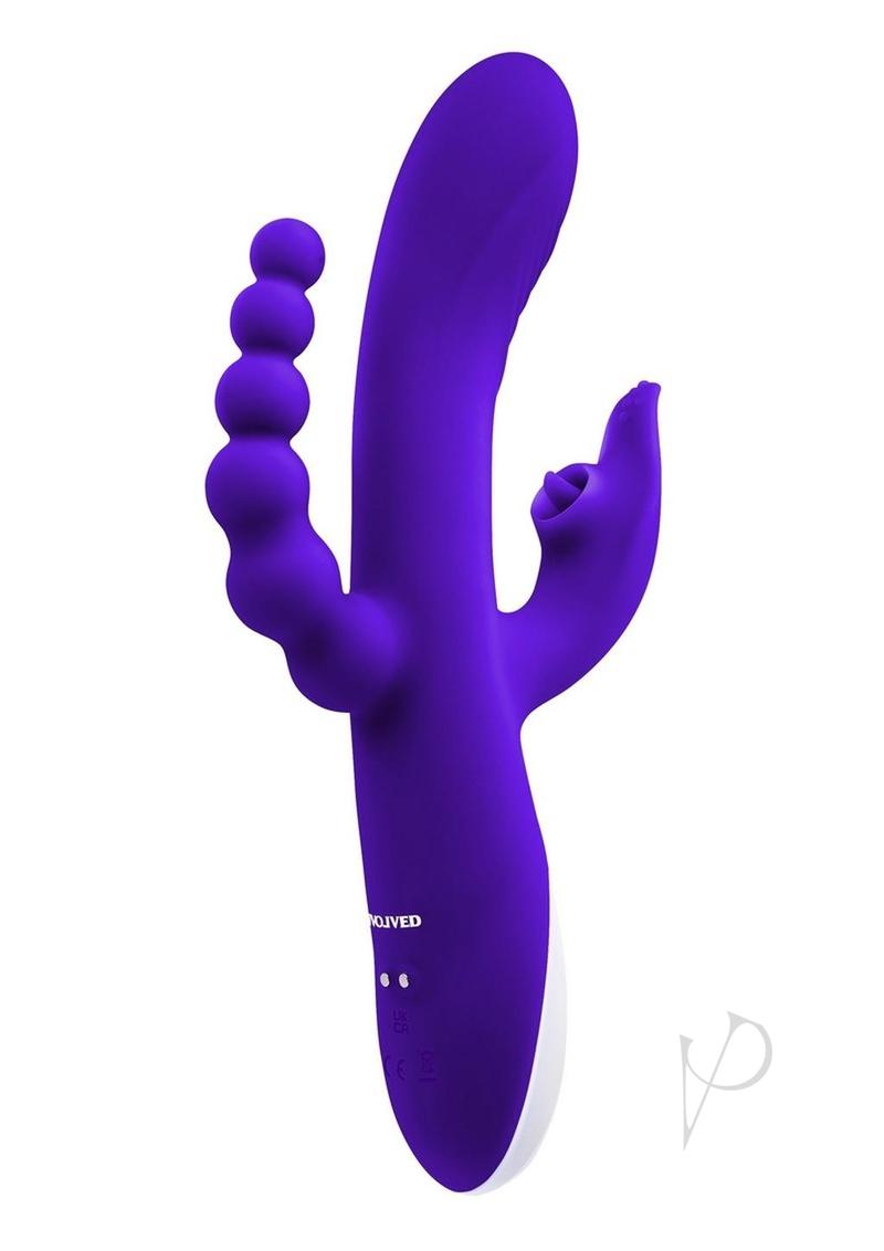 Lick Me Triple Stimulation Rabbit Vibrator Purple featuring three independent motors and a textured design for pleasure.
