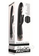 Evolved Heat Up and Chill G-Spot Rabbit Vibrator Black packaging showcasing silicone, rechargeable design and temperature controls.
