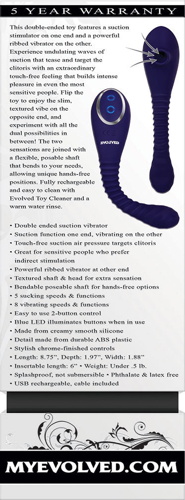 Bendable Sucker Dual End Silicone Vibrator Purple with suction stimulator and powerful ribbed vibrator.