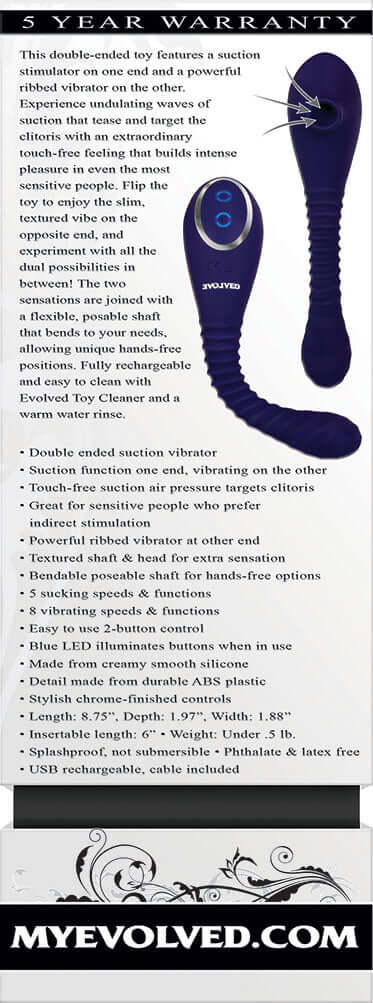 Bendable Sucker Dual End Silicone Vibrator Purple with suction stimulator and powerful ribbed vibrator.