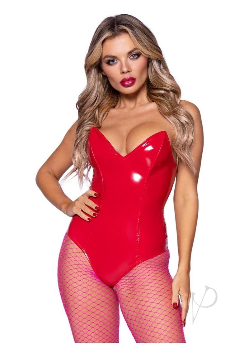 Leg Avenue Vinyl Boned Bodysuit Small Red on model showcasing a bold, high-gloss look perfect for costume parties.