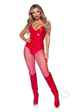 Leg Avenue Vinyl Boned Bodysuit Small Red worn by model, showcasing sleek red design and bold silhouette for dramatic looks.