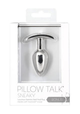 Pillow Talk Sneaky Luxurious Stainless Steel Anal Plug in packaging showcasing its elegant design and Swarovski crystal accent.