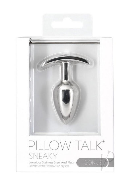Pillow Talk Sneaky Luxurious Stainless Steel Anal Plug in packaging showcasing its elegant design and Swarovski crystal accent.