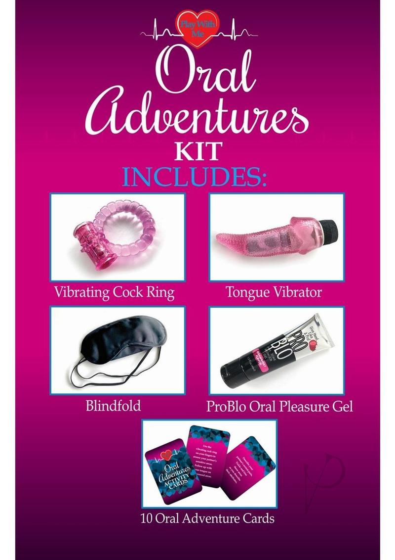 Oral Adventures Play With Me Kit includes vibrating cock ring, tongue vibrator, blindfold, gel, and adventure cards.