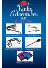 Kinky Adventures Play With Me Bondage Kit includes vegan leather flogger, nipple clamps, cuffs, crop, and adventure cards.
