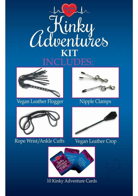 Kinky Adventures Play With Me Bondage Kit includes vegan leather flogger, nipple clamps, cuffs, crop, and adventure cards.