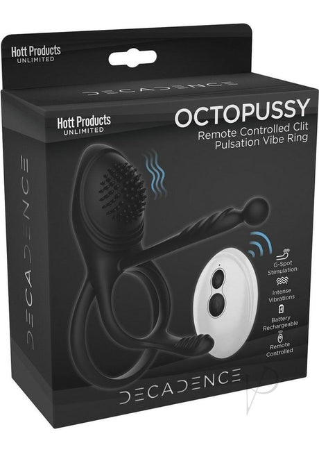 Decadence Octopussy Vibrating Cock Ring Remote Black packaging featuring remote control and clitoral stimulation features.