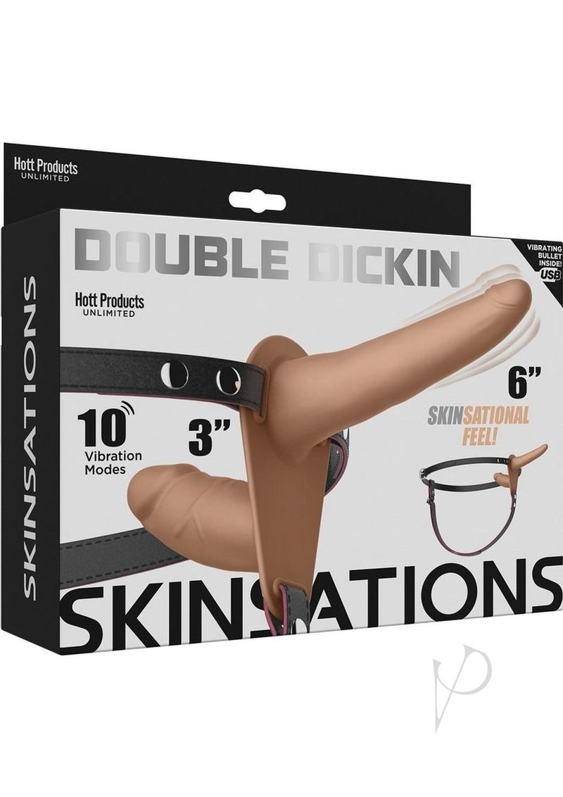 Skinsations Double Dickin Vibrating Silicone Strap-On packaging showcasing dual shafts and adjustable harness.