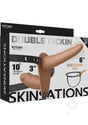 Skinsations Double Dickin Vibrating Silicone Strap-On packaging showcasing dual shafts and adjustable harness.