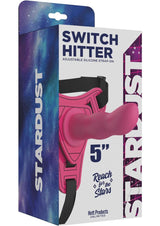 Stardust Switch Hitter Adjustable Silicone Strap-On Pink packaging showcasing a 5-inch silicone strap-on.