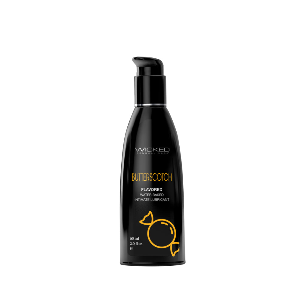 Wicked Aqua Butterscotch Water Based Lubricant 2 oz bottle with a sleek design and candy graphics.