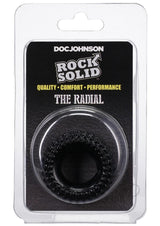 Rock Solid The Radial Cock Ring Black in packaging, featuring a tread-style texture for enhanced stimulation.