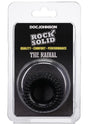 Rock Solid The Radial Cock Ring Black in packaging, featuring a tread-style texture for enhanced stimulation.