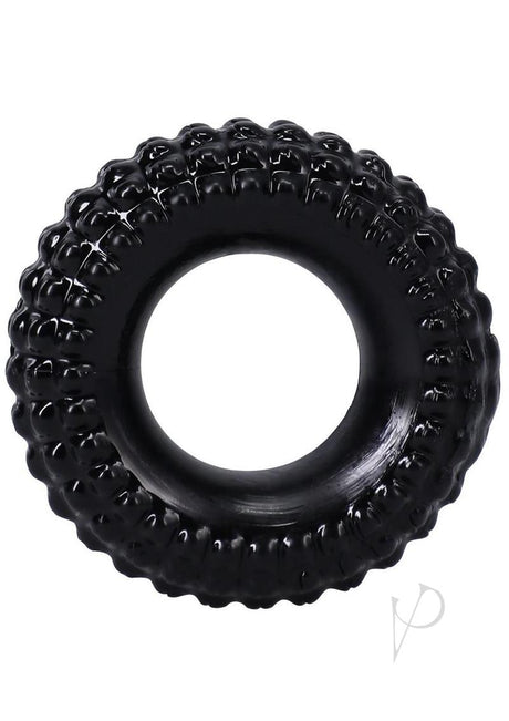 Rock Solid The Radial Cock Ring Black designed like a tire with textured ribbing for enhanced pleasure.