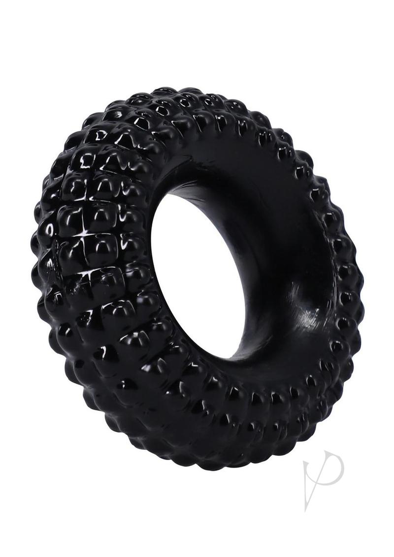 Rock Solid The Radial Cock Ring Black featuring a textured tire design for enhanced stimulation and a firmer erection.
