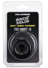 Rock Solid The 2X Donut Cock Ring Black in packaging showing quality and comfort features.