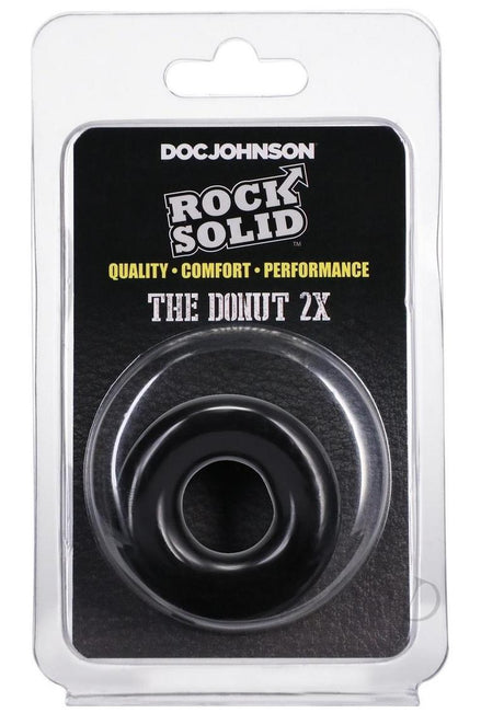 Rock Solid The 2X Donut Cock Ring Black in packaging showing quality and comfort features.