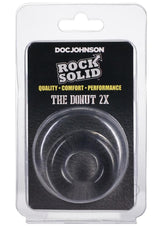 Rock Solid The 2X Donut Cock Ring Clear packaging displayed on a black background with product details.