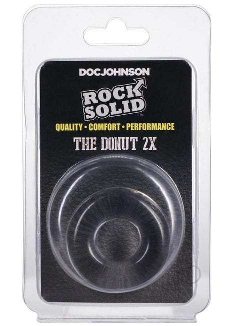Rock Solid The 2X Donut Cock Ring Clear packaging displayed on a black background with product details.