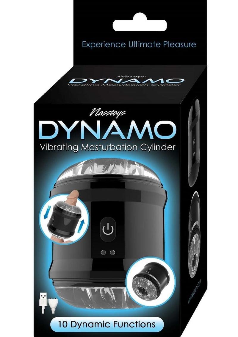 Dynamo Rechargeable Dual End Vibrating Masturbator Cup Black packaging with features and instructions.