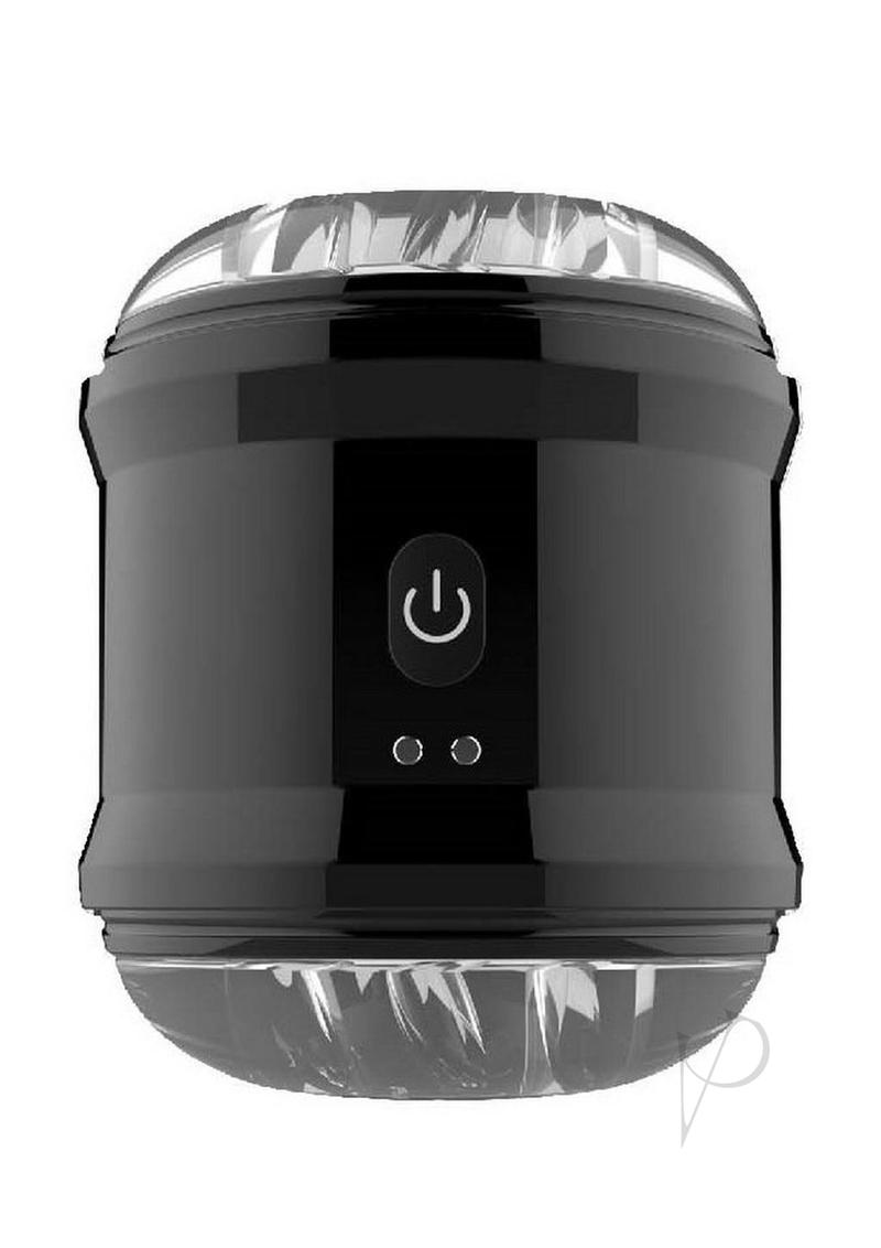 Dynamo Rechargeable Dual End Vibrating Masturbator Cup Black with sleek design and control button.