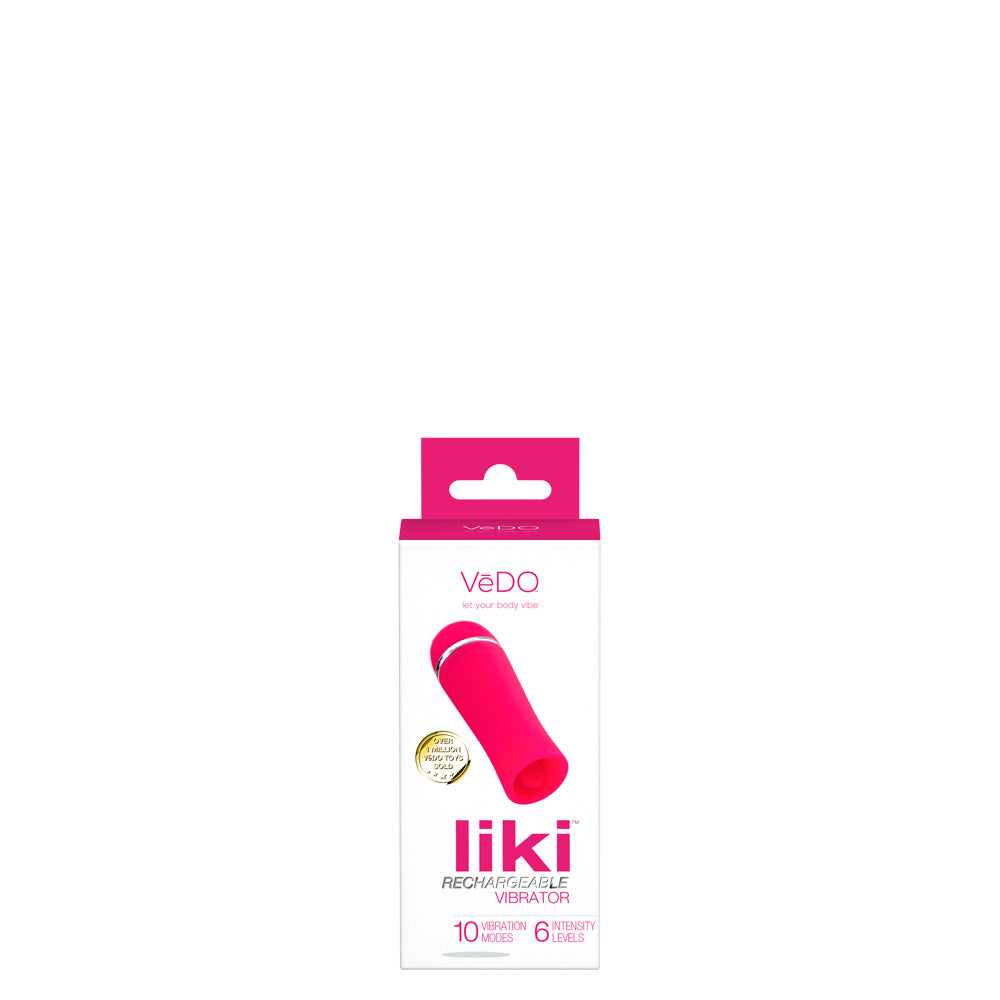 VeDO Liki Rechargeable Flicker Clitoral Vibrator Foxy Pink packaging showing 10 vibration modes and 6 intensity levels.