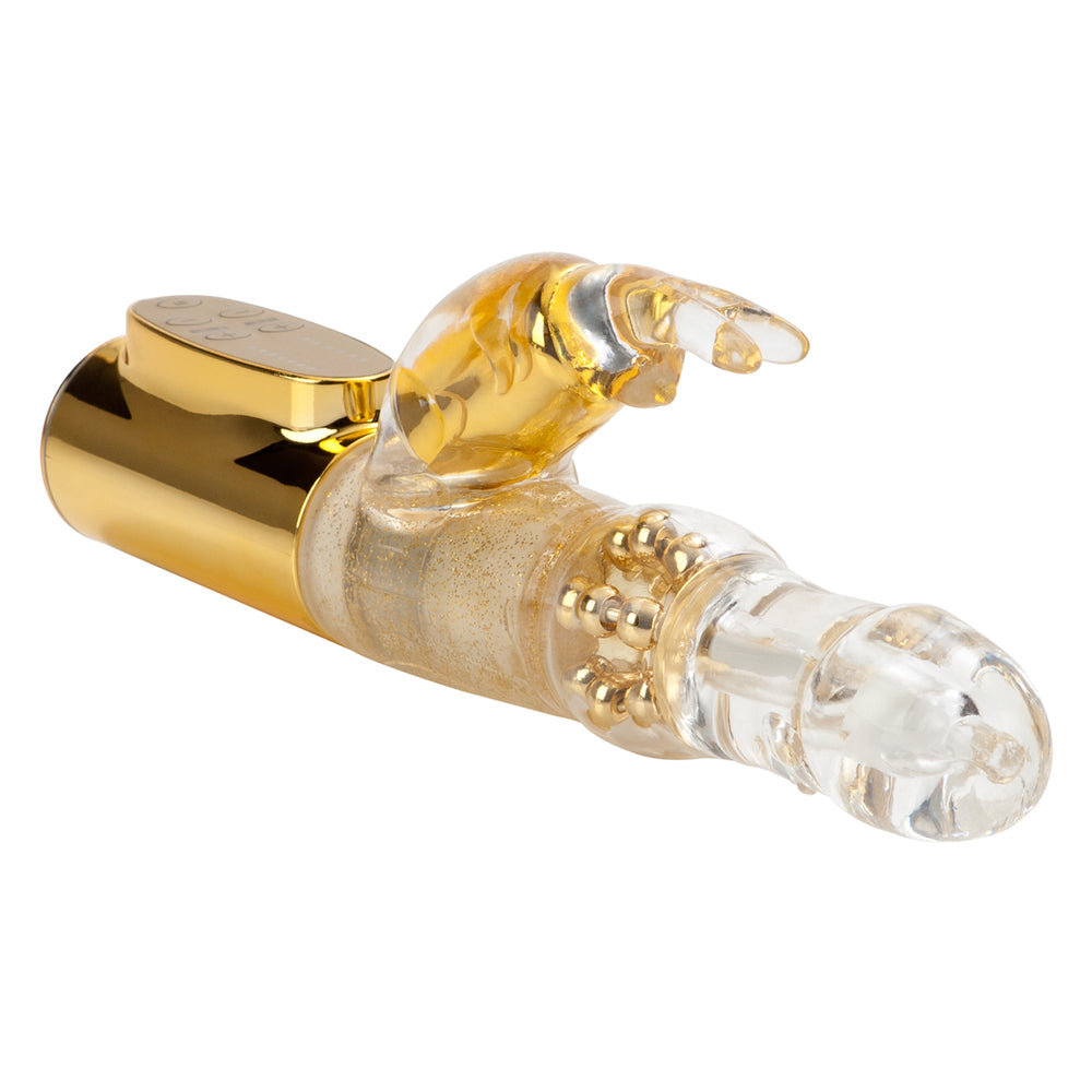 Jack Rabbit Platinum Collection Gold Rabbit Vibrator featuring a gold-accented design and curvy clitoral teaser.