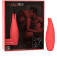 Red Hot Flare Red Rechargeable Massager in packaging with couple, showcasing intense pleasure features and design.