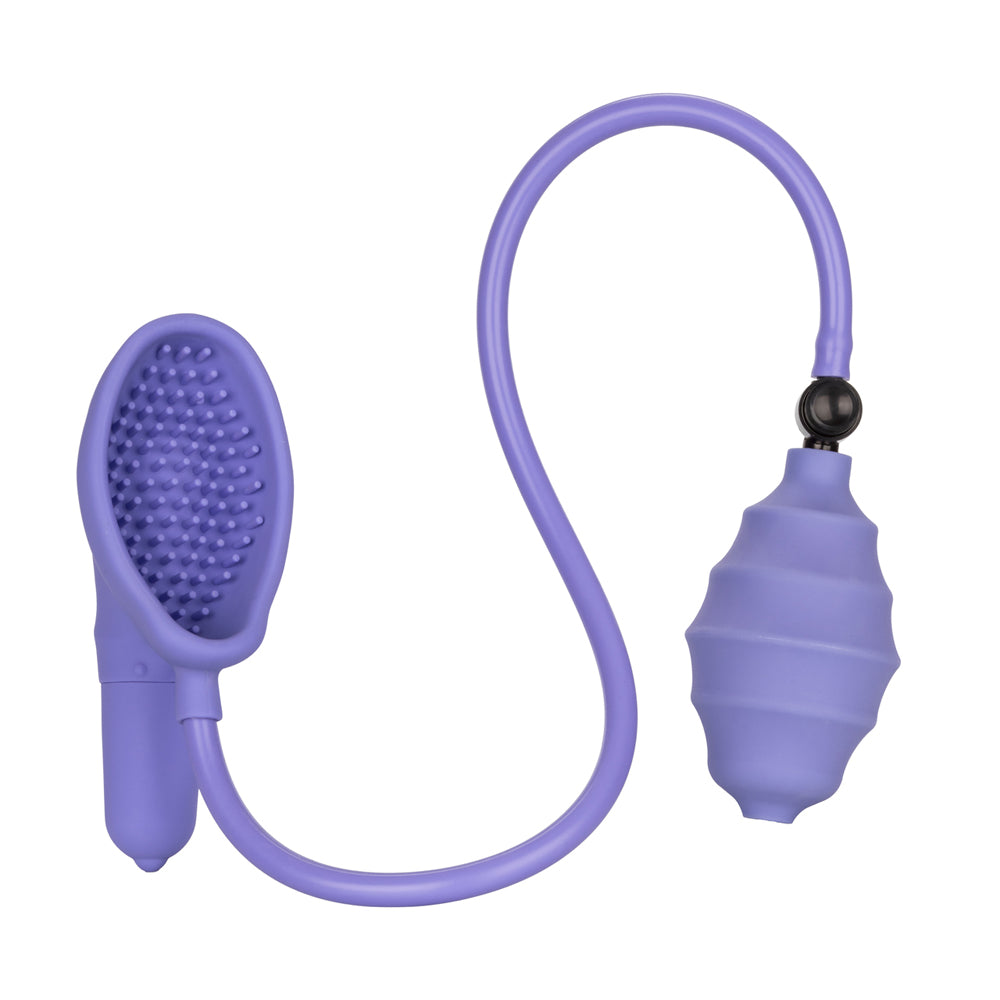 CalExotics Silicone Pro Vibrating Clit Pump Purple with flexible silicone design and suction cup for enhanced pleasure.