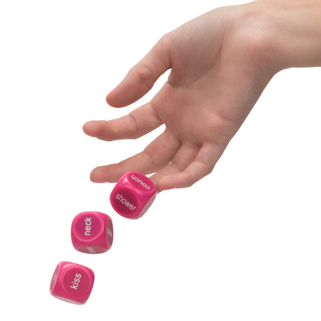Utopia Naughty Party Dice being rolled with playful actions like kiss, neck, and shower on colorful dice.